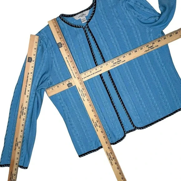Ming Wang Blue Cable Knit Cardigan L Classic Sweater Black Trim Single Button - Picture 6 of 8